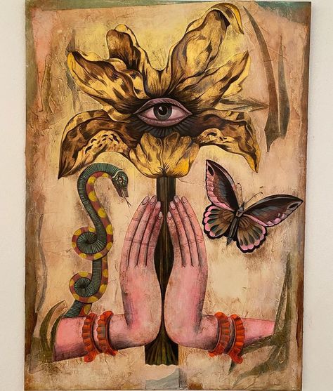 Olaf Hajek on Instagram: “„Protection“ #modernfolkart #art #eyes #flowerillustration #butterlyillustration #snakeart” Olaf Hajek, Art Eyes, Canvas Collage, Acrylic Gouache, Whimsical Illustration, Spiritual Art, Olaf, Pay Attention, Nature Art