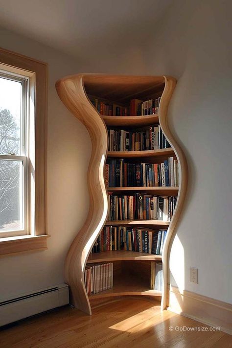 This unconventional bookshelf is far from ordinary; it’s a conversation starter, a head-turner, and a statement piece all rolled into one! Corner Bookshelves With Storage, Cool Small Bookshelves, Wooden House Decor Interior Design, Cool Book Storage, Room Decorations For Small Rooms, Corner Bookcase Bedroom, Furniture For Home Library, Apartment Decor Bookshelf, Morden Tv Unit Design Modern Luxury