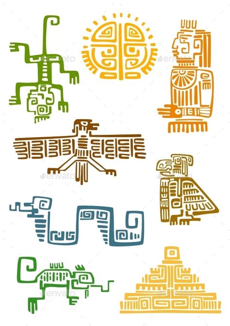 Aztec And Maya Ornamental Symbols Maya Design, Aztec Symbols, Mayan Symbols, Maya Art, Ancient Aztecs, Mayan Art, Mayan Culture, Animal Symbolism, Aztec Art