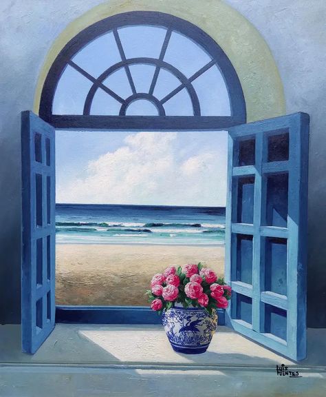 Luis Fuentes - View With Peonies - original seascape ocean artwork contemporary modern surreal For Sale at 1stDibs Expressionist Landscape, Artwork Contemporary, Ocean Artwork, Window Drawing, Sea Life Art, Seascape Photography, Affordable Artwork, Sea Landscape, Painting Workshop