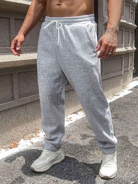 Light Grey  Collar  Knitted Fabric Plain Jogger Embellished Medium Stretch  Men Clothing Men Sweatpants, Pocket Sweatpants, Men's Sweatpants, Shein Outfits, Hoodie Set, Gaming Wallpapers, Mens Bottom, Men Clothing, Mens Fitness