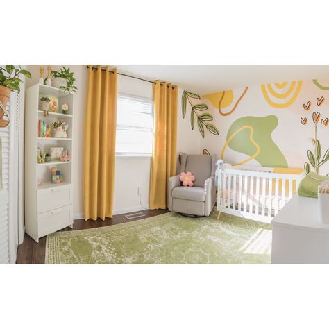 Abstract Nature Nursery with green and yellow mural. Nature, Yellow Mural, Yellow Baby Room, Yellow Kids Rooms, Orange Nursery, Nature Nursery, Green Baby Room, Warm Color Schemes, Natural Nursery