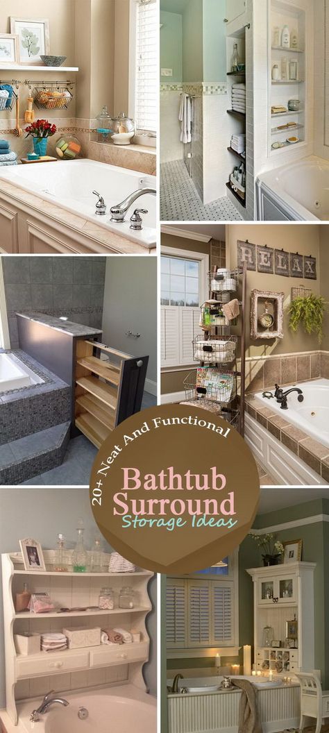 Neat And Functional Bathtub Surround Storage Ideas. Garden Tub Storage Ideas, Bathtub Wall Storage, Bathtub Storage Ideas Shower Tub, Bathroom Tub Storage Ideas, Shelving Around Bathtub, Garden Tub Organization Ideas, Bath Tub Storage Ideas, Tub Storage Ideas, Bathtub Organization Ideas