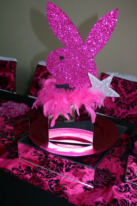 Playboy bunny bachelorette theme decor Mcbling Party Decor, Playboy Party Decorations Ideas, Playboy Bunny Party Theme, Playboy Party Ideas, Mirror Boxes, Bunny Birthday Theme, Bachelorette Party Planner, Bunny Decorations, Playboy Mansion