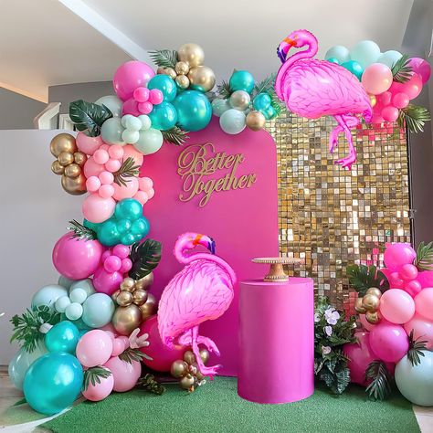 PRICES MAY VARY. 【tropical Themed hot pink and blue green gold Balloon Kit】INCLUDES the following 140+PCS 5" 10" 12"18"balloons in various sizes, we chose hot pink and blue green gold as Palette for the theme, Add 2pcs foil tropical Themed Balloon & Glue Dot Tie Kit lets you create a cheerful and vibrant atmosphere, perfect for tropical Birthday themed party 【100% Reliable Color 】 We insist on 100% real photography，Providing True Color of every single balloons,what you have to do is trust your c Teal And Pink Balloon Arch, Hot Pink And Green Balloon Garland, Miami Theme Party Decor, Blue Theme Birthday Party Decorations, Flamingo Party Theme, Flamingo Birthday Decorations, Tropical Balloon Garland, 100 Birthday Decorations, Hawaii Party Decorations