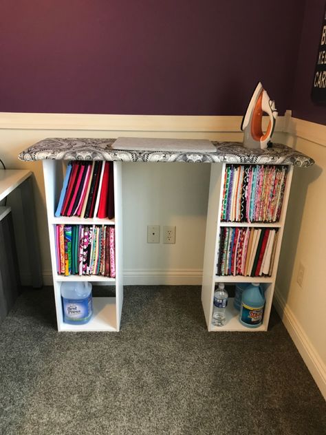 Sewing Station In Bedroom, Ways To Store Fabric In Sewing Room, Fabric Storage For Small Spaces, Fabric Storage Ideas Small Spaces, Sewing Room Fabric Organization, Small Sewing Space Ideas, Sewing Room Small Space, Sew Room Organization Ideas, Sewing Room Fabric Storage