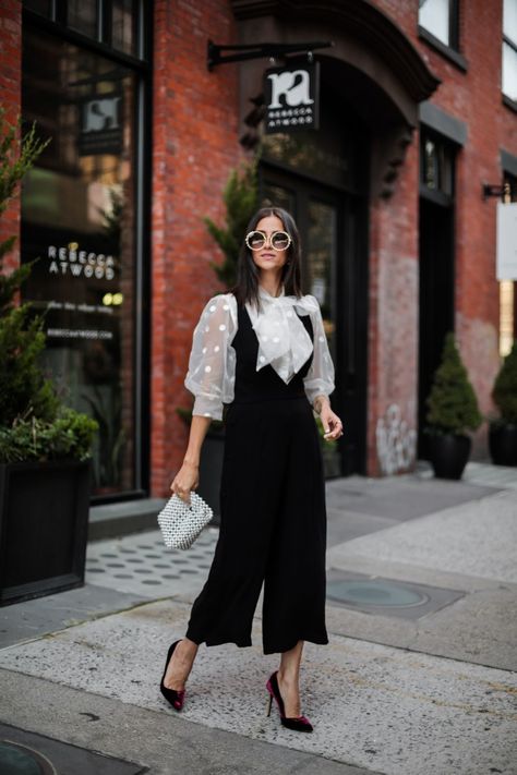 Office Casual Summer Outfits Women, Blouse With Dress Outfit, White And Black Blouse Outfit, Layering Outfits Women Fashion Ideas, White Blouse With Bow Outfit, Bow Outfit Women, Black Velvet Overalls Outfit, Office Overalls Outfit, Polka Dot Shoes Outfit