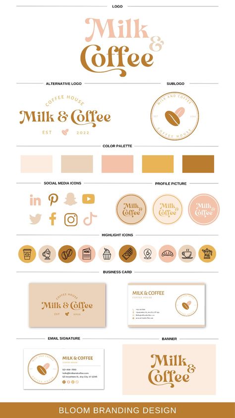 Milk & Coffee Logo - modern logo Brand Package Template, Branding Logos Ideas, Brand Style Guide Inspiration, Branding Package Template, Brand Guides Design, Brand Kit Examples, Business Branding Template, Brand Sheet Style Guides, Brand Identity Kit Template