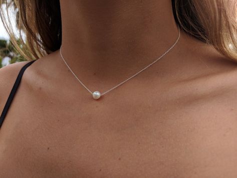 Floating Pearl Necklace, Dainty Pearl Necklace, Girl Gift Set, Single Pearl Necklace, Bridesmaids Gift Sets, Single Pearl, Pearl Necklace Earrings, Silver Pearl Necklace, Prom Jewelry