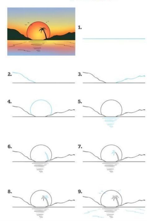 Easy To Draw Beach Scene, Drawing Ideas Easy Sunset, Line Art Drawings Step By Step, Sunset Ideas Drawing, Step By Step Simple Drawings, Sunset Drawing Easy Step By Step, Simple Beach Scene Drawing, Landscape Sunset Drawing, Art Beginners Drawing Step By Step