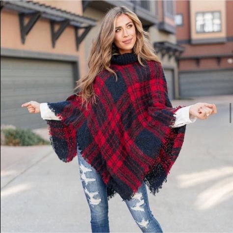 You're Going To Stay Classy All Season Long In This Gorgeous Plaid Poncho! Featuring A Classic Combination Of Off Dark Red & Navy Blue. It's A Knockout Look! It Features An Adorable Fringe Detail, Asymmetrical Hemline, Soft Knit Material, & A Comfy Turtleneck For A Fabulous Fall Look! Toss This Stylish Poncho On Over A Plain Long Sleeve Top, Black Leggings, And Classic Tall Boots! One Size Fits Most 100% Acrylic Relaxed Fit Excellent Gift Idea! Box: Bag: 28 / P050122 Turtle Neck Poncho, Poncho Outfit, Winter Poncho, Plaid Poncho, Boutique Decor, Red Turtleneck, Fringed Poncho, Poncho Tops, The Fringe