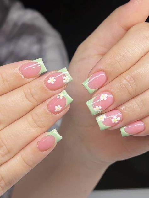 Enhance Your Look 24pcs Short Square Green French Style Flower Pattern Full Cover False Nails Suitable For Women And GirlsI discovered amazing products on SHEIN.com, come check them out! Green Flower French Tip Nails, Short Square Nails Flowers, Gel Nails Green Short, Green French Nails With Flowers, Square Nails With Flower Design, Green And Pink Nails Short, Square French Tip Acrylic Nails Design Short, Green Acrylic Nails Short Square, Green Square Nails Short