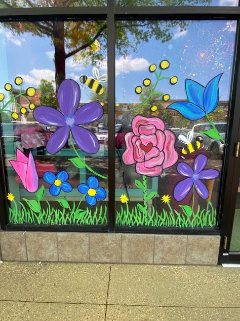 Floral Window Painting, Spring Window Painting Ideas Easy, Spring Window Painting Ideas, Painting Ideas Spring, Easy Window Painting Ideas, Summer Window Painting, Window Paint Ideas, Spring Window Painting, Window Art Ideas