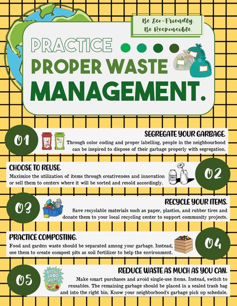 Waste Disposal is a usual part of our daily routines. As the world continues to advance, plastics and other materials were created for convenience. However, it is unavoidable for the citizens to properly manage their wastes that comes mostly from our homes. Through this, waste segregation are not just encourage to achieve an effective waste management. But, it is also strictly implemented as most countries have laws that could charge fine and imprisonment for those who would violate it.  In the Waste Segregation Infographic, Waste Segregation Background, Project On Waste Management, Recycle Campaign Poster, Solid Waste Management Infographic, Waste Sorting Poster, Waste Management Projects Ideas, Proper Waste Management Poster, Waste Management Posters