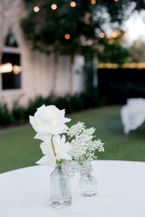 Bud Vases On Cocktail Tables, Wedding Picture Display At Reception, Bud Vases Round Table Wedding, Cocktail Table Flowers, Wedding Cocktail Table Decor, Wedding Picture Display, Cocktail Reception Decor, Cocktail Hour Centerpieces, White Bud Vases