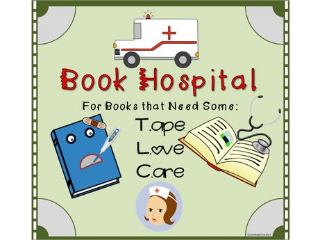 Book Hospital Sign Freebie DIY book hospital. Book Hospital Printable Free, Book Hospital Ideas, Kindergarten Center Signs, Choir Practice, Book Hospital, Preschool Library, September Ideas, Ideas Salon, Hospital Sign