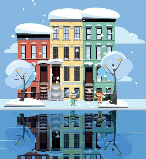 Colored apartment buildings on lake. Facades of buildings are reflected in mirror surface of water. Flat cartoon vector illustration of winer city street landskape. Three-four-story colorful houses. Houses Illustration, Flat Water, Colorful Houses, Apartment Buildings, 3d Sculpture, Mirror Surface, City Street, Cartoon Vector, Abstract 3d