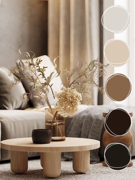 Living Room Designs Palette, Brown Color Palette For Living Room, Color Scheme For Interior Design, Beige And Brown Interior Design, Blue And Brown Abstract Painting, Brown Colour Scheme Living Room, Apartment Colour Palettes, Wood And White Color Palette, Color Theory For Interior Design