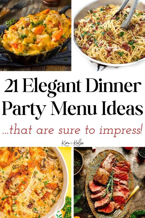 These elegant dinner party menu ideas are perfect for any special occasion! These delicious dishes, sides, and desserts will impress anyone! #dinnerparties #party #dinner Essen, Birthday Dinner Recipes, Summer Dinner Party Menu, Dinner Party Entrees, Party Menu Ideas, Party Entrees, Luncheon Menu, Winter Dinner Party, Italian Dinner Party