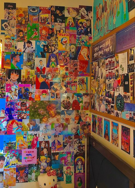 kpop and anime vintage indie wall collage Anime Walls Room Ideas, Anime Walls Room, Wall Anime Decor, Anime Wall Bedroom, Anime And Kpop Room Ideas, Anime Wall Collage Bedroom, Kpop And Anime Room Ideas, Indie Anime Room, Anime Wall Decor Ideas