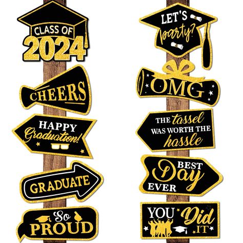 PRICES MAY VARY. Graduation Yard Sign: Stand out at the class of 2024 graduation party with this graduation yard sign! Get ready to celebrate with the 20pcs sturdy paper photo props and 40pcs dot stickers included in this blue and gold graduation decoration! Size Matters! Our blue and gold graduation class of 2024 yard sign measures 11 x 4.3 inches / 28 x 11 cm and adds an asymmetrical charm to your party decorations. The unique shape makes it more attractive and stylish, bringing a splash of co Class Of 2024 Graduation Party, Graduation Board Ideas, 2024 Graduation Party Ideas, Grad Photo Booth, Graduation Props, Graduation Diy Decorations, Photo Booth Backdrop Graduation, Library Artwork, Gold Graduation Decorations