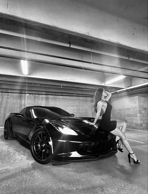 Woman posed on the hood of a C7 corvette Cars And Models, Poses With Sports Cars, Corvette Model Photoshoot, Sport Car Photoshoot, Car Photo Shoot Poses, Prom Car Photoshoot, How To Pose With A Car, On Top Of Car Photoshoot, Photography Poses With Car