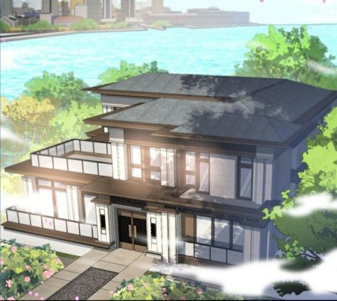 Anime Home Exterior, Japanese Mansion Exterior, Anime Mansion House, Anime House Exterior, Anime House Aesthetic, Anime House Building, Modern Japanese Mansion, Anime House Interior, Anime Mansion