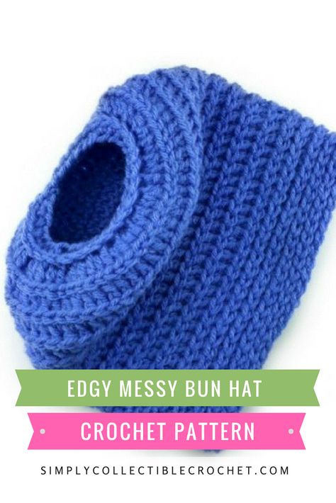 Crochet Pattern - Edgy Messy Bun Hat 2-in-1: Completely banish bad hair days with this ultra adorable beanie.Check out this free pattern! #hat #bunhat #crochet #crochetpattern #simplycollectible Ponytail Beanie Crochet Pattern, Crochet Messy Bun Beanie Pattern Free, Ponytail Beanie Crochet Pattern Free, Free Pattern Hat, Crochet Messy Bun Hat Pattern Free, Messy Bun Beanie Crochet Pattern, Crochet Messy Bun Hat, Hat Crochet Patterns, Messy Bun Hat Crochet Pattern