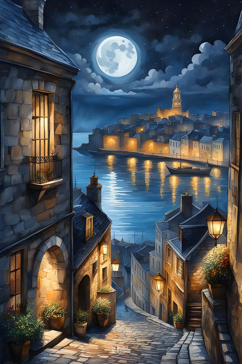 Experience the magic of coastal cities bathed in moonlight or weathering a storm. Explore narrow streets that reveal captivating views of the sea. These urban landscapes come alive under the enchanting glow of the moon or the drama of stormy nights. Fantasy Coastal City, Coastal Castle, Sky Pic, City Of Starlight, Whimsical Art Paintings, City By The Sea, Cute Scrapbooks, Great Works Of Art, Gothic Fantasy Art