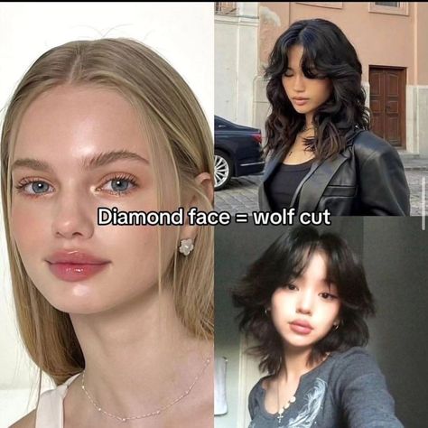 haircut, face shapes, oval face, round face, diamond face, heart face, square face, wispy bangs, wolf cut, long layers, hush cut, long hair, hair for every face shape Neckline For Round Face Shape, Aesthetic Haircuts Round Face, Haircut Ideas For Diamond Shaped Face, Heart Face Haircuts Long, Square Face Haircut Bangs, Diamond Hairstyles Face Shapes, Haïr Cut For Diamond Face, Short Haircuts For Diamond Face Shape, Best Bangs For Diamond Face Shape