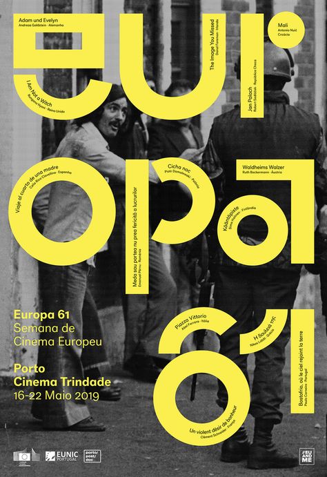 “europa 61 –  european film festival” by studio dobra / portugal, 2019 / digital print, 1750 x 1200 mm Lecture Poster, Film Festival Poster, Mises En Page Design Graphique, Graphic Posters, 타이포그래피 포스터 디자인, Event Poster Design, Plakat Design, Festival Poster, Learning Graphic Design