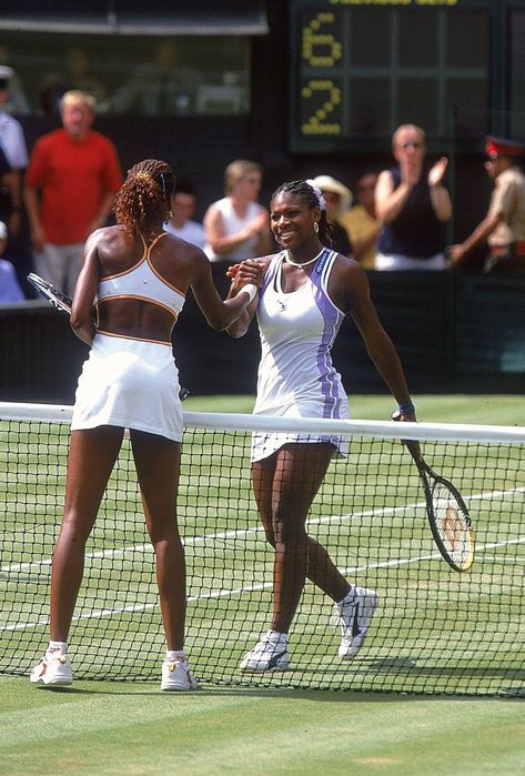 Serena Williams of the USA congratulates her sister Venus after losing to her in the womens semi final at the Wimbledon Lawn Tennis Championship at the All England Lawn Tennis and Croquet Club, Wimbledon, London on Jul 6, 2000. Tennis Girl Aesthetic, Tennis Lifestyle, Australian Open Tennis, Venus And Serena Williams, Williams Tennis, Tennis Pictures, Tennis Aesthetic, Tennis Whites, Pro Tennis