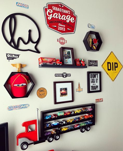 Toddler Boy Room With Tv, Cars Pixar Room Decor, Car Themed Dresser, Disney Pixar Cars Bedroom, Racing Car Bedroom Ideas, Semi Truck Nursery Theme, Cars Playroom Ideas, Disney Cars Themed Room, Car Themed House