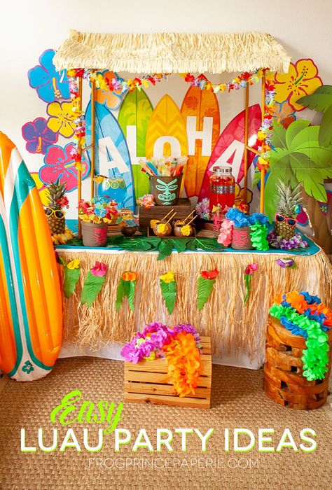 Use store bought and 5 minute DIY projects to make the luau party of your dreams with this post full of easy luau party ideas! Hawaian Party Decor, Luau Party Decorations Diy Hawaiian Theme, Tiki Themed Birthday Party, Summer Decoration Ideas, Hawaii Theme Birthday Party, Hawaiian Party Decorations Hawaii Theme Luau Birthday, Laua Party Ideas Hawaiian Luau, Hawaiian Party Decorations Hawaii Theme, Hawaian Party Ideas