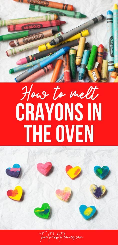 text that says How to Melt Crayons in the Oven above the text is an image of old and broken crayons below is an image of crayons made into hearts. Crayon Melted Molds, Crayon Molds How To Make, Homemade Crayons For Kids, Baking Crayons Into Molds, Silicone Mold Crayons, How To Make Crayons Out Of Old Crayons, Melt Crayons In Oven, Make Your Own Crayons, Crayon Melting Molds