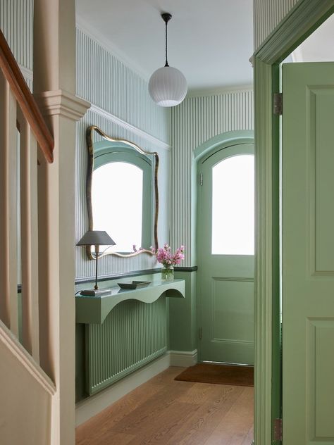 Dark Wall White Trim, Chair Rail Picture Frame Molding, Blue Hallway Ideas, Dado Rail Hallway, Hallway Wallpaper Ideas, Small Hallway Decor, Breakfast Room Green, Blue Hallway, Half Painted Walls