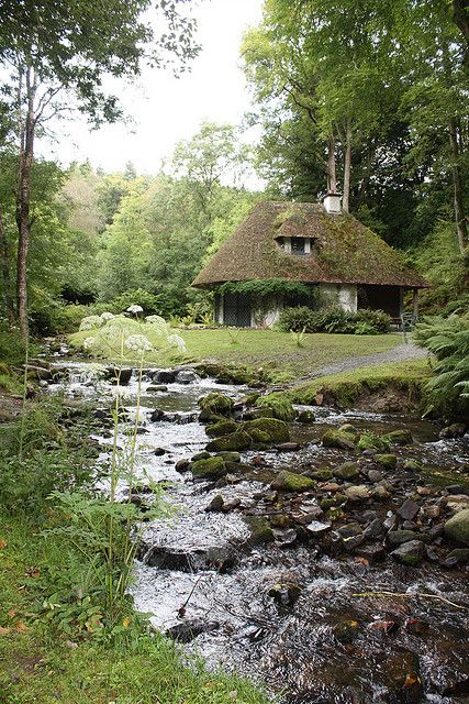 How beautiful, like a scene from a Thomas Hardy novel.  How I would love to spend some time here, hear the brook and walk along it and watch the kingfishers ... Stone Cottage With Porch, Irish Home Exterior, Connecticut Cottage, Cozy Cottage In The Woods, German Cottage, Home In Nature, Medieval Cottage, House In The Forest, Scenic Nature
