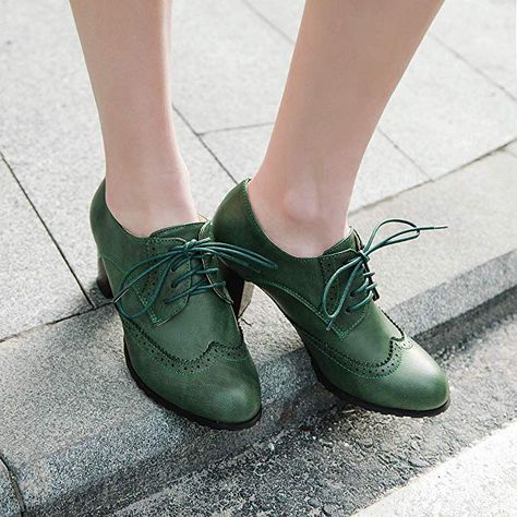 Block Heel Wingtip Oxford Shoes | Oxfords | Green Heeled Brogues, Oxford Brogues, Boots For Short Women, Oxford Heels, Womens Pumps, Brogue Shoes, Women Oxford Shoes, Thick Heel, Green Shoes