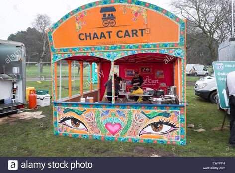 Indian Street Food Cart Wedding, Indian Wedding Chaat Counter, Chaat Stall Decoration Ideas, Chaat Counter Design, Food Stalls Decoration Ideas, Indian Street Food Stall Design, Street Food Design Kiosk, Food Stall Decoration Ideas, Food Stall Ideas