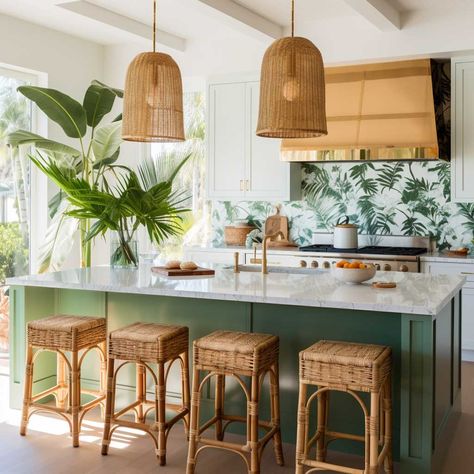 Modern Coastal Kitchen, Boho Kitchen Ideas, Tropical Kitchen, Tropical Interior Design, Coastal Kitchen Decor, Tropical Interior, Tropical Living, Estilo Tropical, Beach House Kitchens