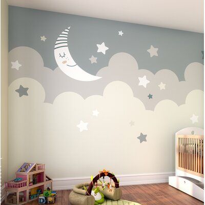 Mural Clouds, Sky Wall Mural, Forest Bedroom, Moon Cartoon, Kids Room Murals, Baby Room Themes, Nursery Wall Murals, Nursery Mural, Baby Boy Room Decor