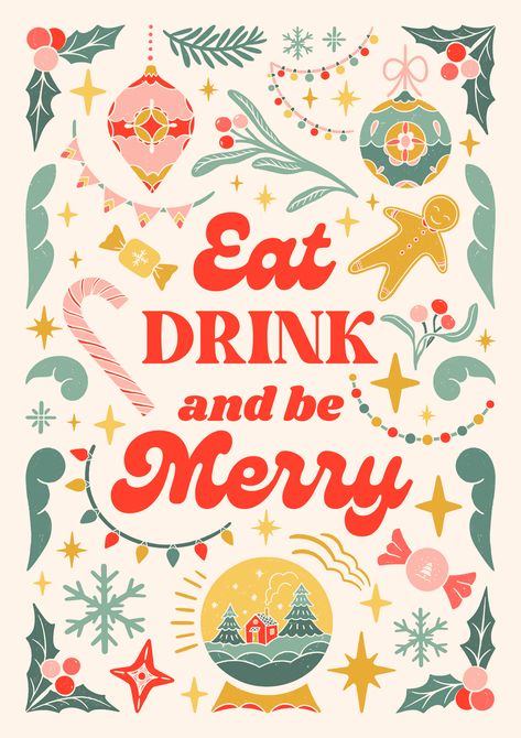 Retro Winter Illustration, Christmas Cookie Graphic, Retro Christmas Invitation, Holiday Design Inspiration, Pastel Christmas Illustration, Retro Christmas Graphic Design, Retro Christmas Graphics, Winter Holiday Illustration, Christmas Drinks Illustration