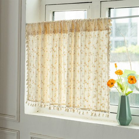 Living Room Bay Window, Ivory Curtains, Tassel Curtains, Short Curtains, Tier Curtains, Floral Type, Curtains Width, Jaune Orange, White Daisies