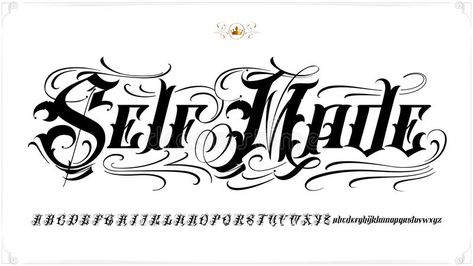 Self Made tattoo lettering stock illustration Self Made Drawing, Old English Letters Tattoo Design, Self Made Lettering, Self Made Tattoo Lettering, Hustle Tattoo, Lettering Tattoo Design, Fancy Fonts Alphabet, Self Made Tattoo, Made Tattoo