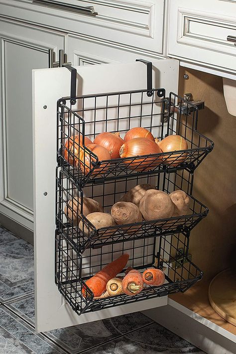 🍓 Under Sink Space Saver Triple Basket Compact design hanging fruit basket free space on countertop or walls; slanted panels for easy access fit inside cabinet ORIGINAL Z BASKET COLLECTION for hanging baskets 🍏 MULTIPURPOSE: Use as a produce holder in the kitchen, to store potatoes & onion in a dark cool place, for bathroom towels, pantry items, Dish washing detergent, brushes, gloves, hanging onion basket, kitchen produce storage Inside Cabinet, Hanging Fruit Basket, Laundry Cabinet, Onion Storage, Produce Storage, Hanging Fruit Baskets, Kabinet Dapur, Kitchen Storage Hacks, Desain Furnitur Modern