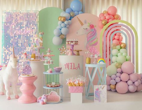 Mila's Unicorn Birthday Party Unicorn Birthday Party Decorations Decor, Unicorn Birthday Party Ideas, Rainbow Unicorn Birthday Party, Unicorn Birthday Decorations, Rainbow Themed Birthday Party, Candy Theme Birthday Party, Unicorn Birthday Party Decorations, Rainbow Unicorn Party