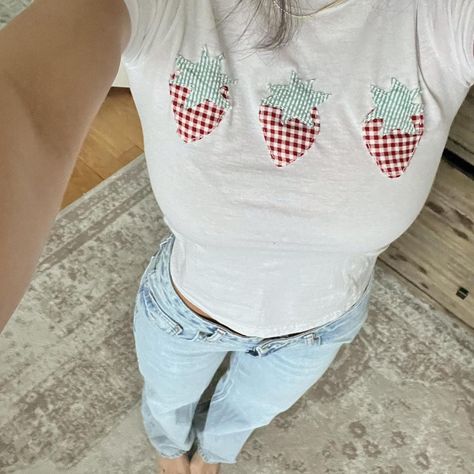 White baby tee with strawberry and gingham pattern... - Depop Upcycling, Patchwork, Diy St Pattys Day Shirt, Cool Diy Shirts, Homemade Sweatshirt Ideas, Diy 4th Of July Shirts Patchwork, Patch Shirt Diy, Diy Tshirt Painting Ideas Graphic Tees, Embroidery Tee Shirts