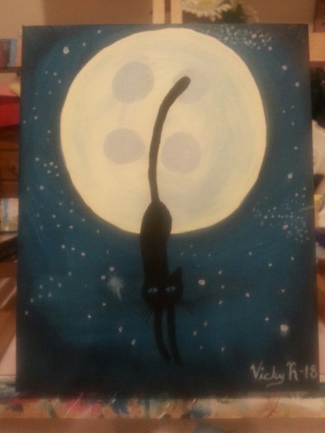 Coraline Inspired Cat stepping out of the moon acrylic painting  By Vicky Lynn Coraline Cat Painting, Coraline Canvas Painting Easy, Coraline Painting Easy, Coraline Painting Ideas, Coraline Paintings, Coraline Canvas Painting, Coraline Painting, Moon Acrylic Painting, Coraline Cat