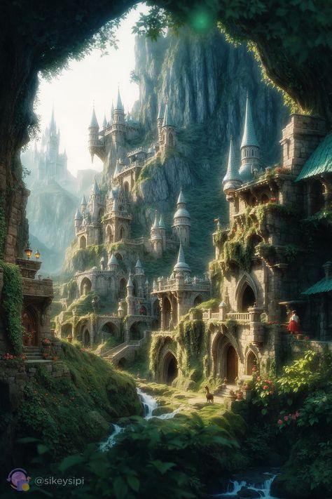 Mystical Elven City: AI Art Fantasy Realm* Immerse yourself in the mystical beauty of this AI-generated elven city nestled within towering cliffs. The intricate architecture and lush greenery create a breathtaking fantasy world that captivates the imagination. Perfect for fans of fantasy and digital art. #FantasyArt #Elves #AIArt #MysticalCity #DigitalArt Elven Architecture Fantasy Art, Elven City Fantasy Art, Fantasy Elven City, Fantasy Estate, Elven Castle, Elven Kingdom, Elf City, Intricate Architecture, Elven City