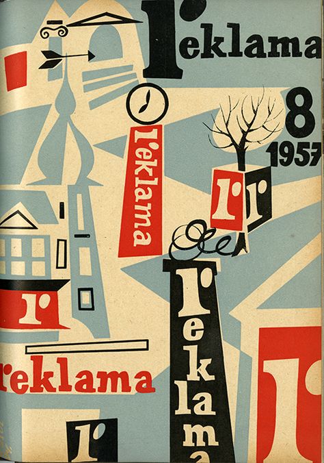 Czech national advertising design magazine, Reklama 1957 50s Graphic Design, Sorcerer Design, Vintage Fireworks, 50s Design, Republic City, Illustrations Digital, Mid Century Illustration, 1950s Design, Curtain Call